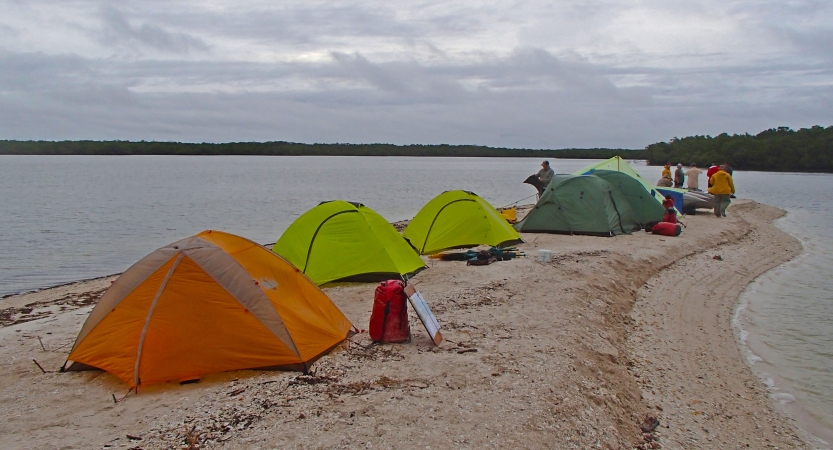 a group of tents rest on a sandy peninsula on an outward bound course 